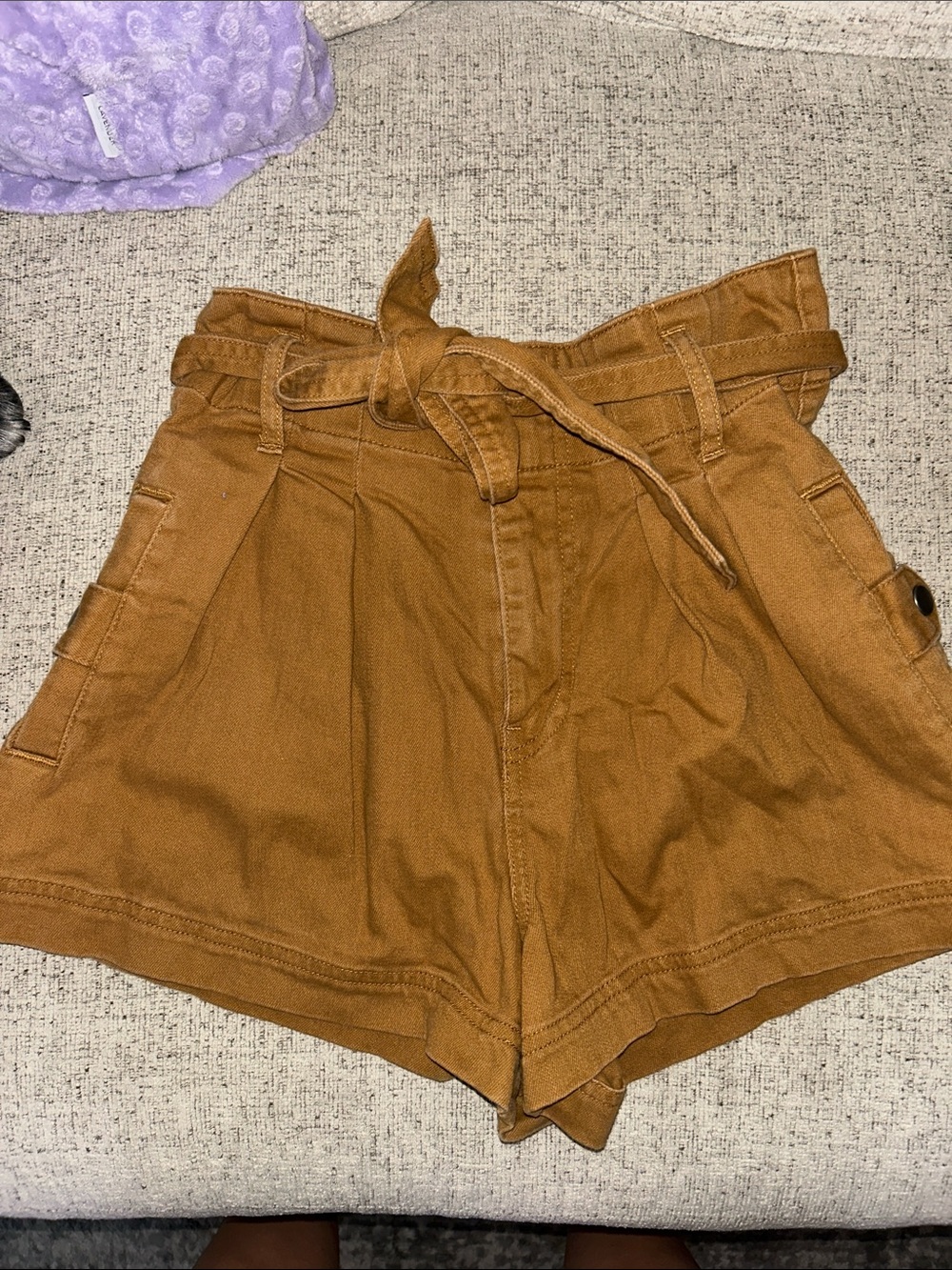 High-Waist Tie-Belt Paperbag Shorts in Camel